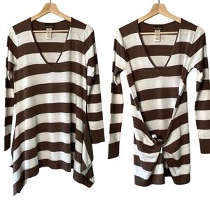 TOMMY BAHAMA Cotton Blend Brown Stripe Tunic Length Vee Neck Light Sweater Sz S